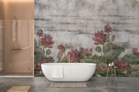 Botanical lotus wall mural in earthy color tones.