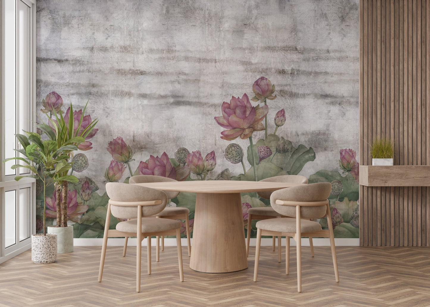 Floral pond wallpaper mural with detailed lotus buds.