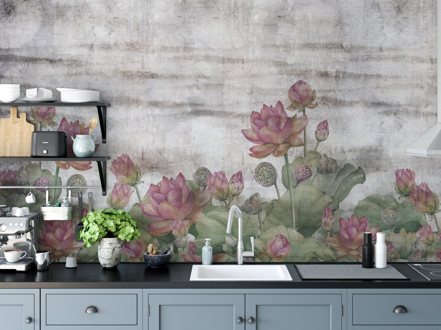 Watercolor lotus wall mural in muted gray background.