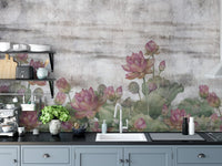 Watercolor lotus wall mural in muted gray background.