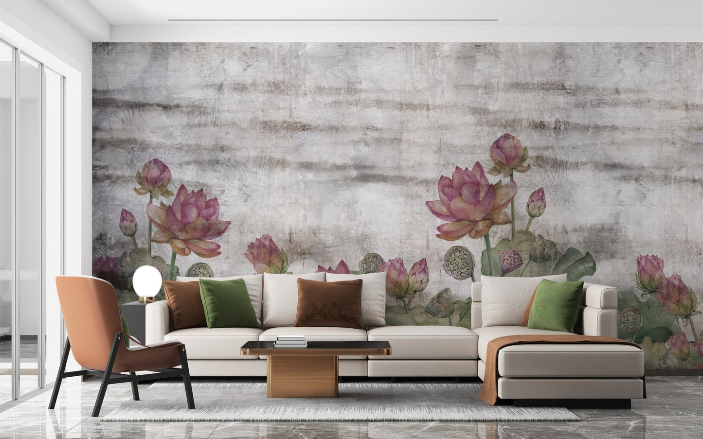 Lotus pond wallpaper mural with soft green leaves.