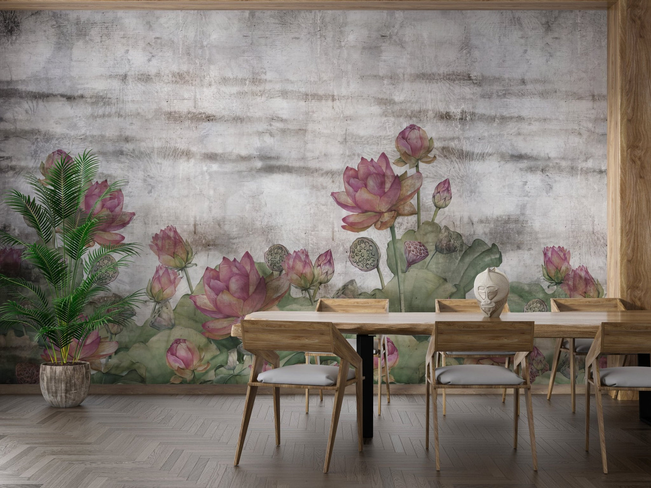 Vintage style lotus wall mural with layered leaves.