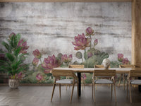 Vintage style lotus wall mural with layered leaves.