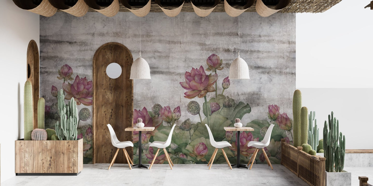Traditional oriental wallpaper mural with lotus design.