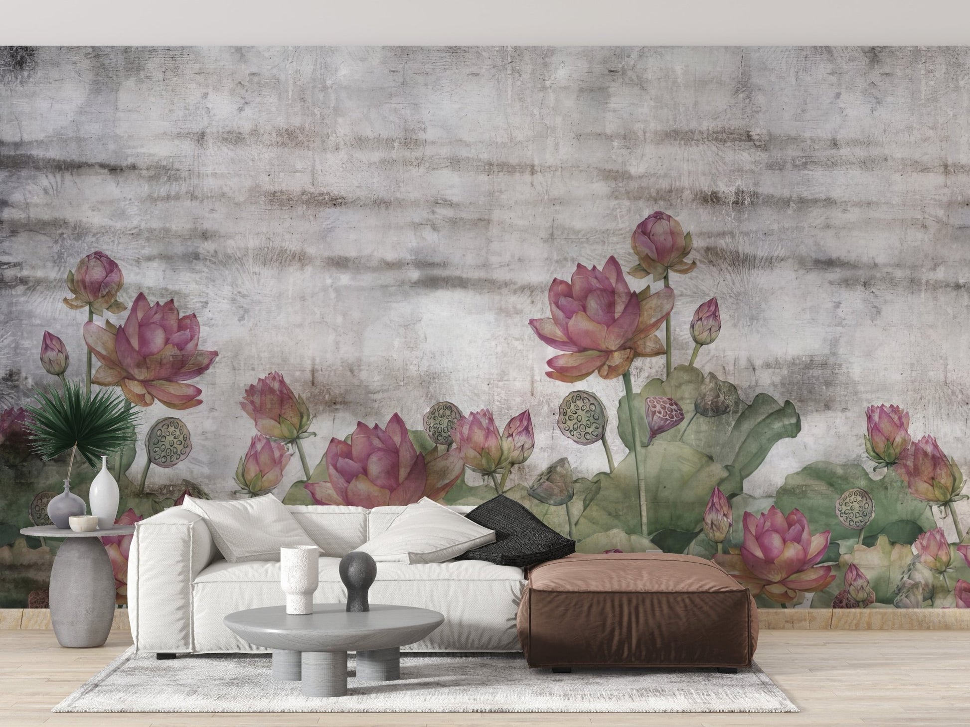 Oriental lotus pond wall mural with pink lotus flowers.