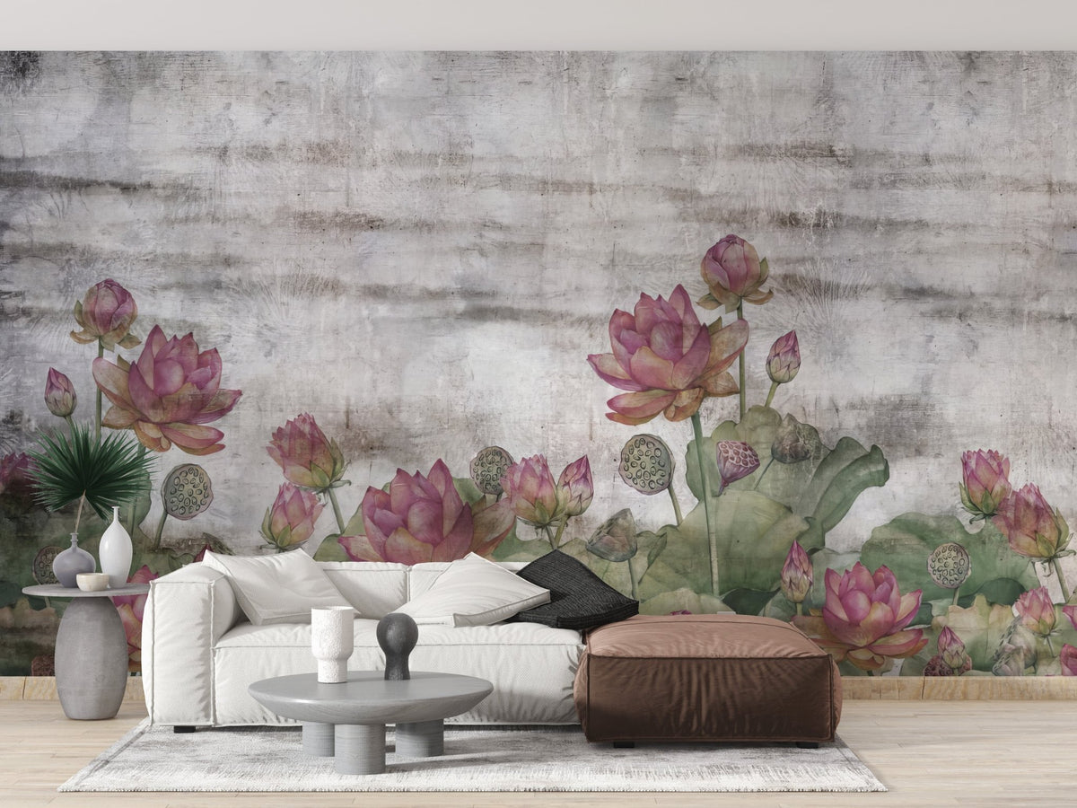 Oriental lotus pond wall mural with pink lotus flowers.