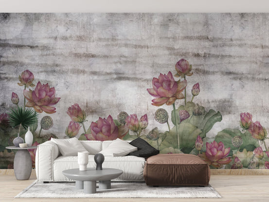 Oriental lotus pond wall mural with pink lotus flowers.