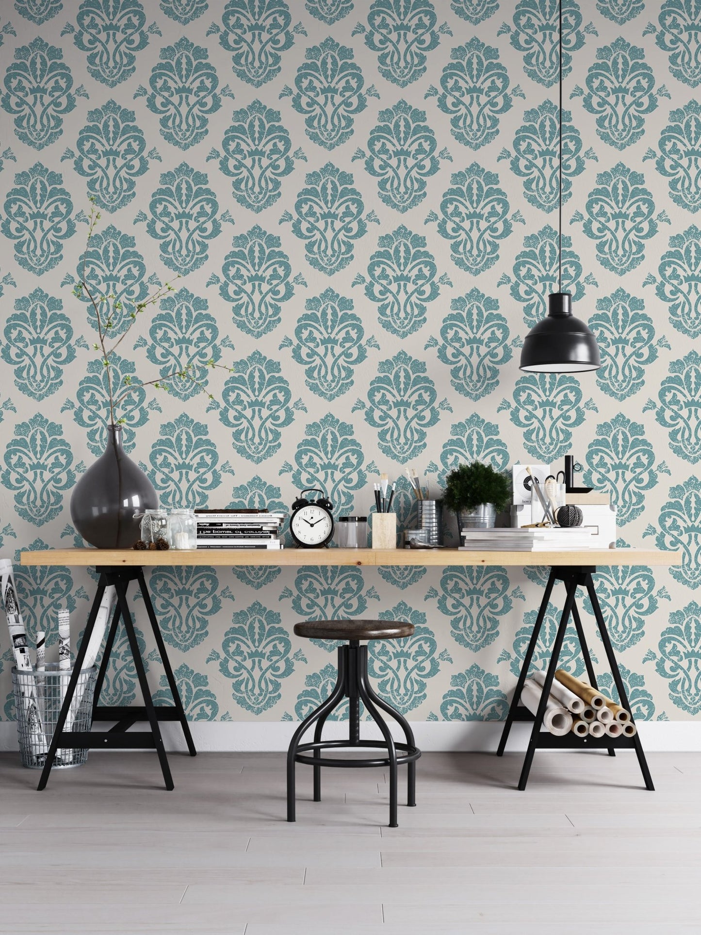 Ornamental damask delight repeat pattern wallpaper behind an office desk.
