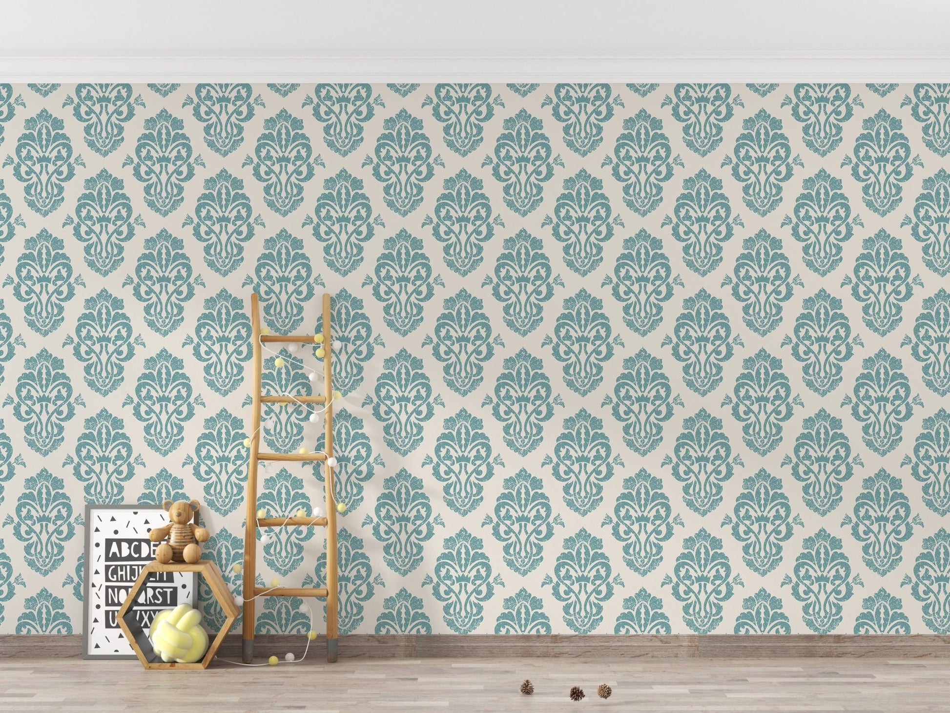 Teal damask wallpaper in a playroom with a wooden ladder and toys.