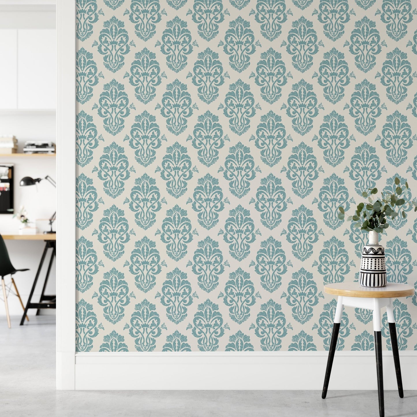 Teal and white ornamental damask delight repeat pattern wallpaper in a hallway.