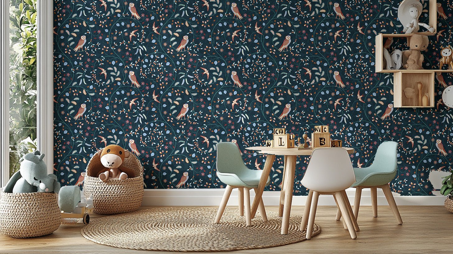 Dark blue owl and leaves wallpaper in a modern dining area with wood table