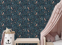 Decorative wallpaper featuring owls and leaves
