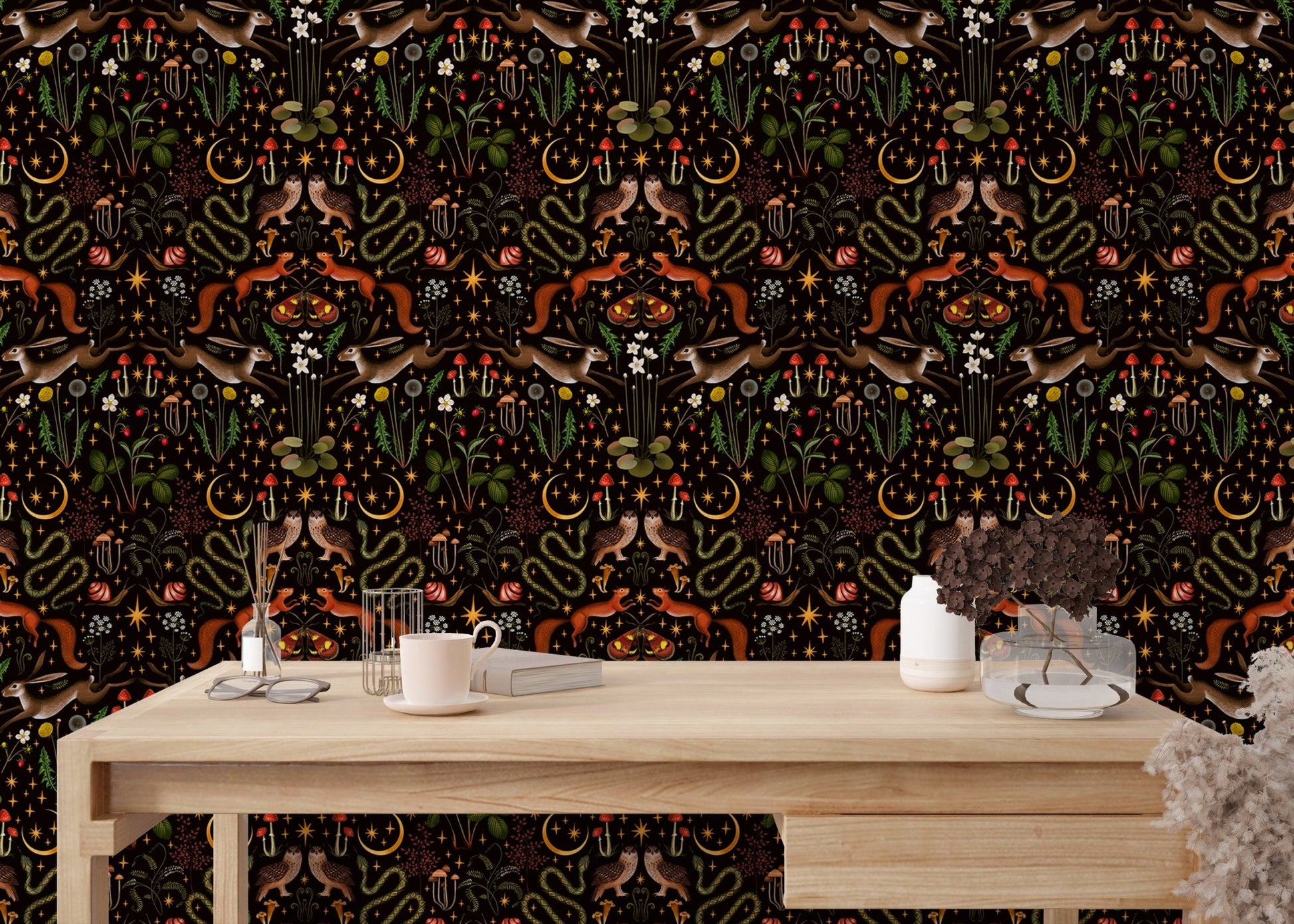 Intricate owl and mushroom wallpaper in a minimalist workspace setting.