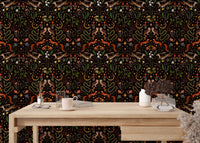 Intricate owl and mushroom wallpaper in a minimalist workspace setting.