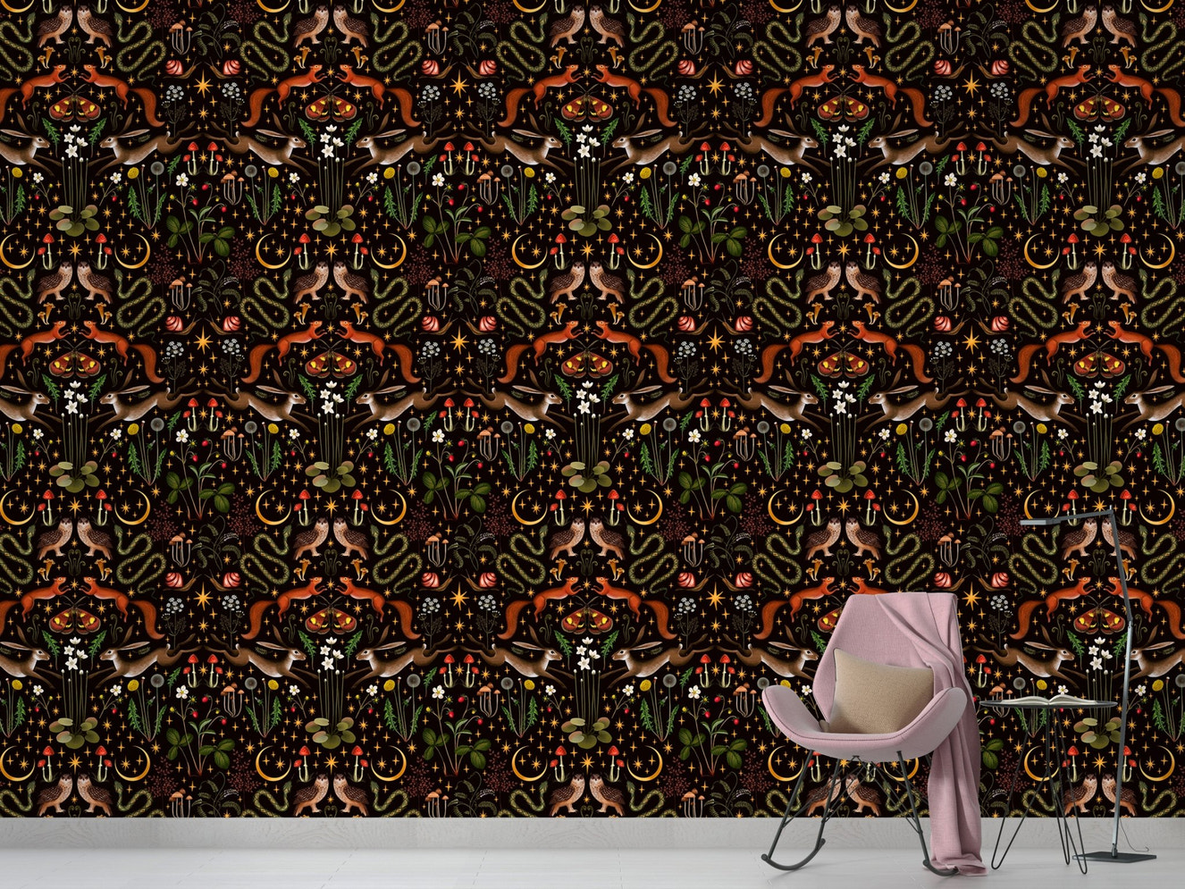 Owl Flowers and Mushrooms Repeat Pattern Wallpaper in a living room with a rocking chair.