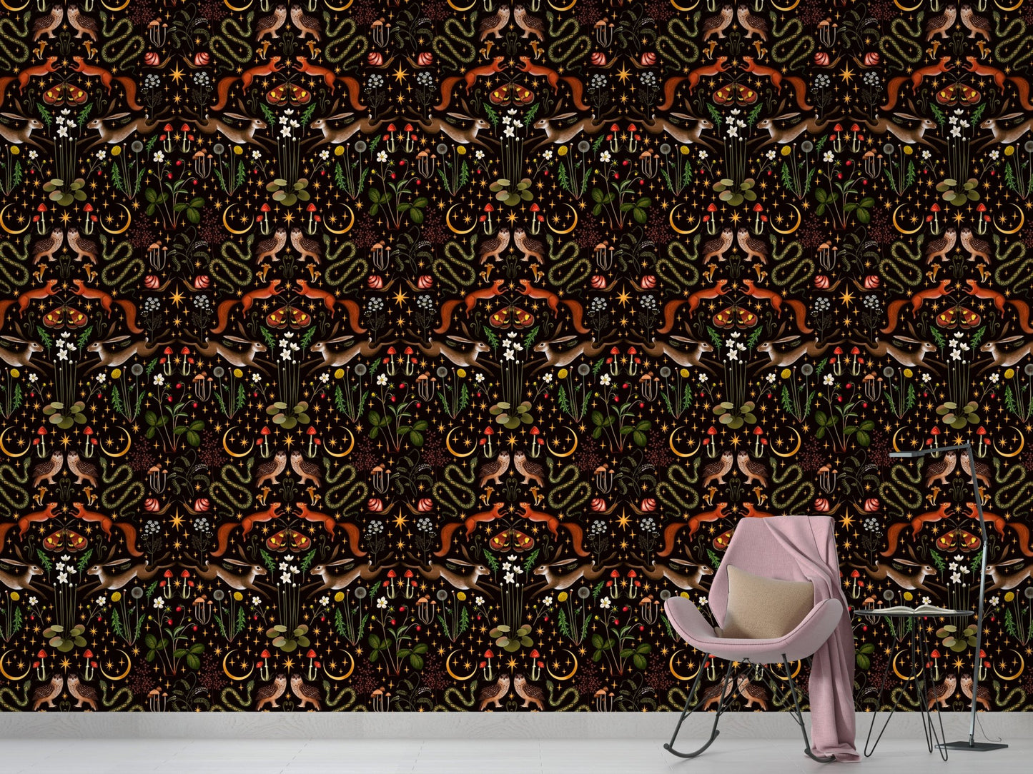 Owl Flowers and Mushrooms Repeat Pattern Wallpaper in a living room with a rocking chair.