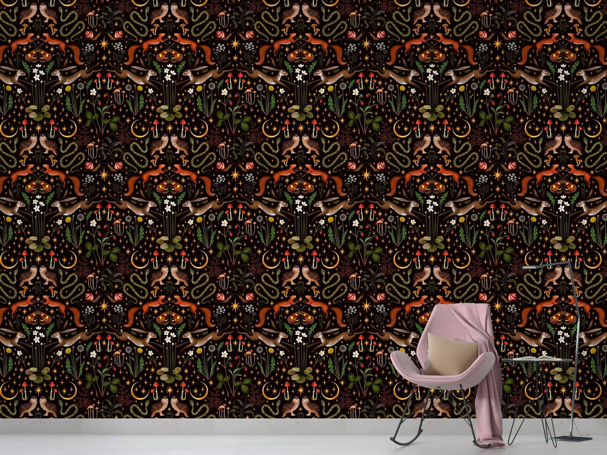 Owl Flowers and Mushrooms Repeat Pattern Wallpaper in a living room with a rocking chair.