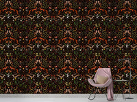 Owl Flowers and Mushrooms Repeat Pattern Wallpaper in a living room with a rocking chair.