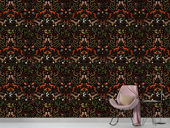 Owl Flowers and Mushrooms Repeat Pattern Wallpaper in a living room with a rocking chair.