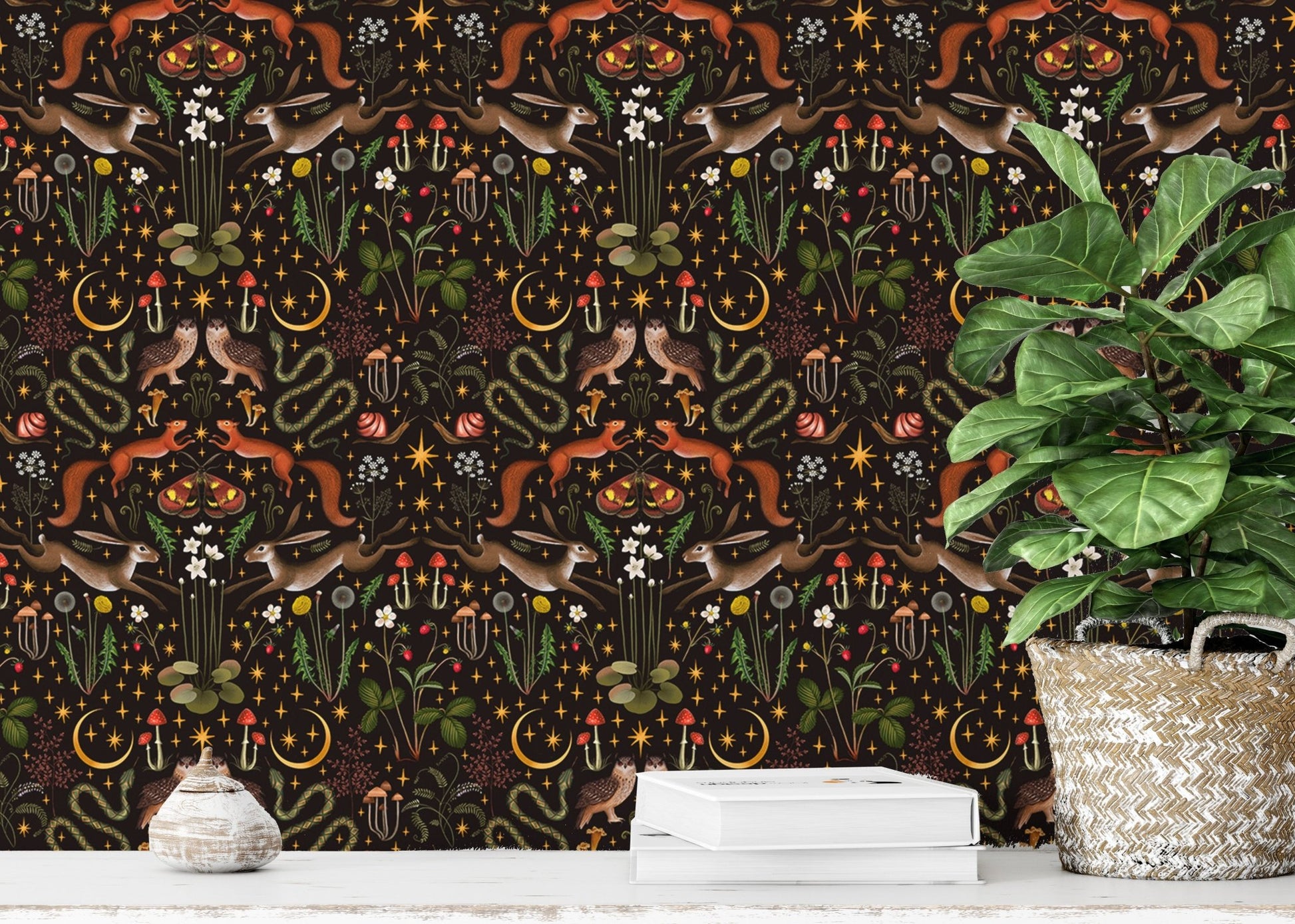 Botanical wallpaper featuring owls and mushrooms in a brightly lit room with a plant.