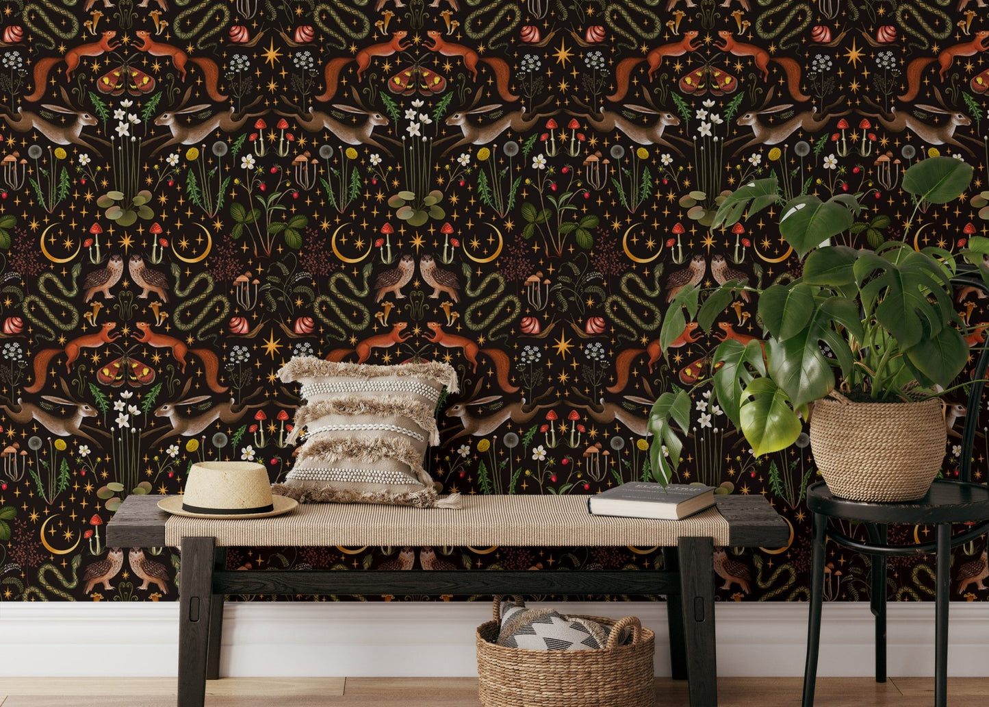 Dark background wallpaper with flower details in an entryway with a bench and plant.