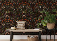 Dark background wallpaper with flower details in an entryway with a bench and plant.