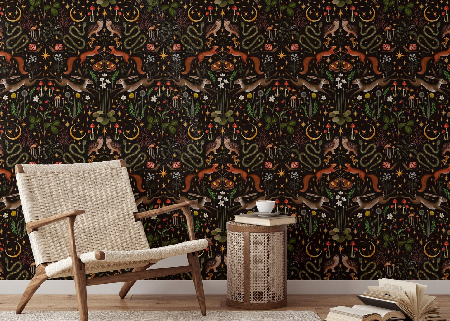 Owl, flowers, and mushrooms wallpaper for reading space interiors.