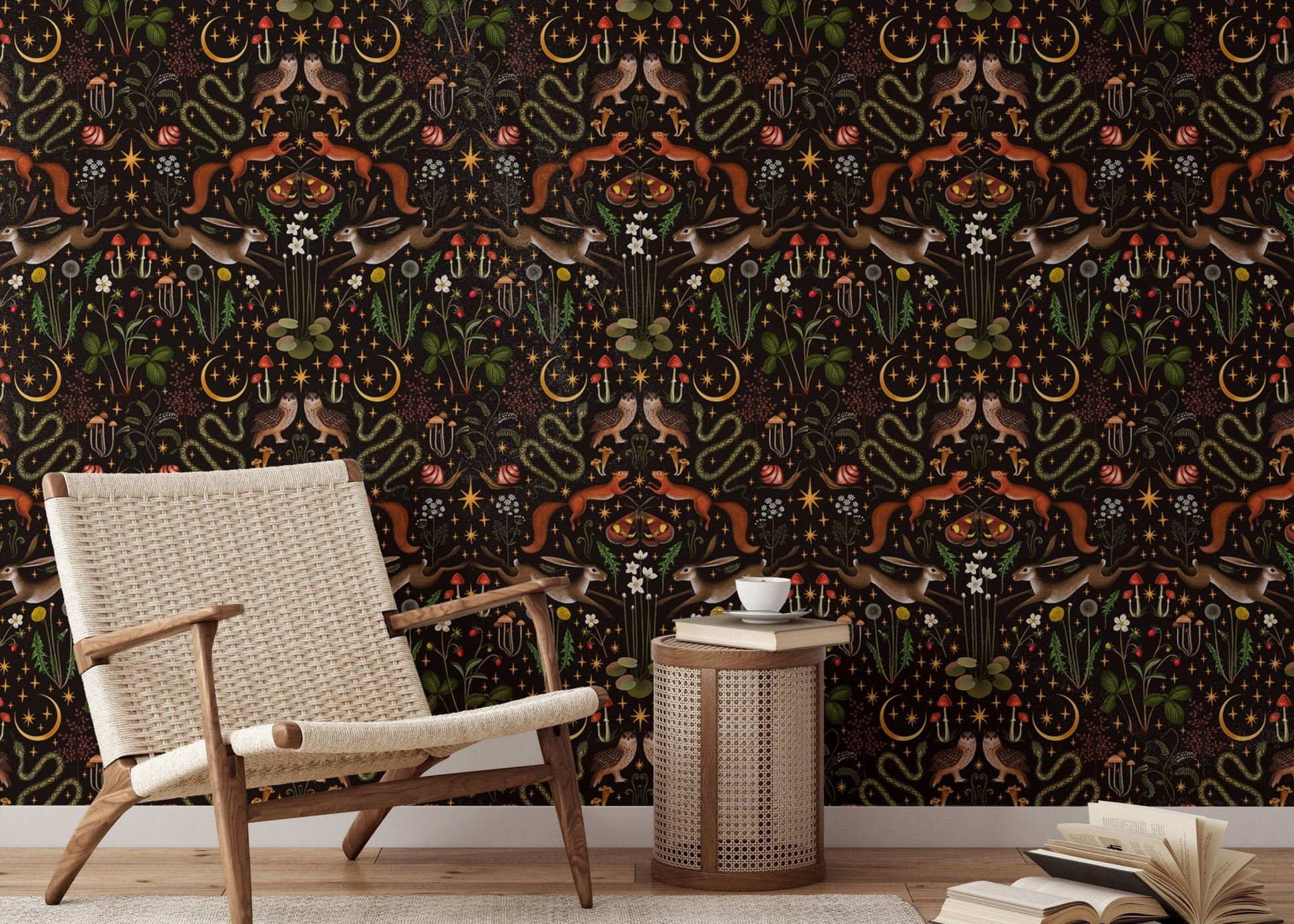 Owl, flowers, and mushrooms wallpaper for reading space interiors.