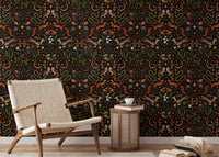 Owl, flowers, and mushrooms wallpaper for reading space interiors.