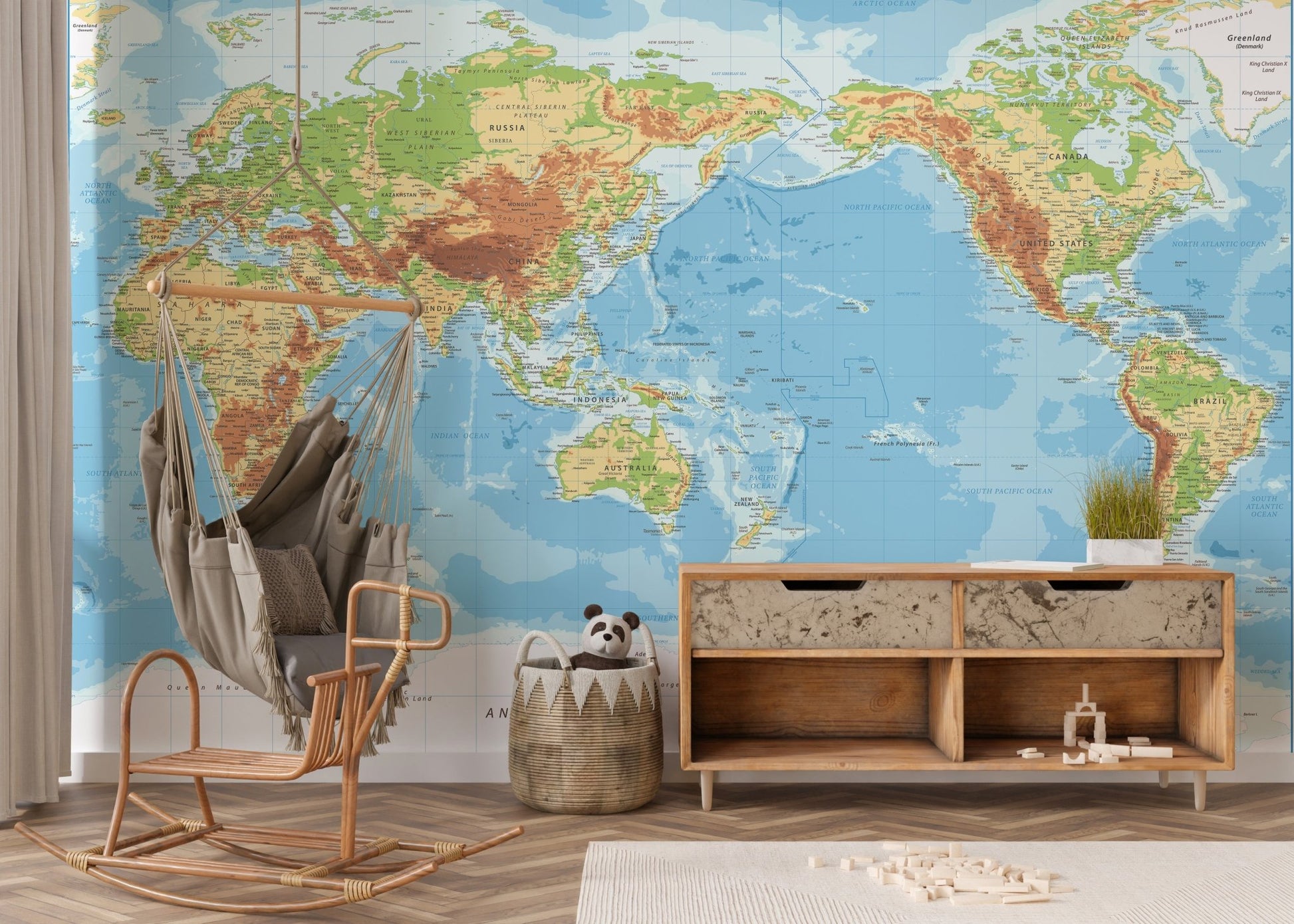 Bright children room with illustrated Pacific View World Map wall mural