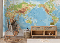 Bright children room with illustrated Pacific View World Map wall mural