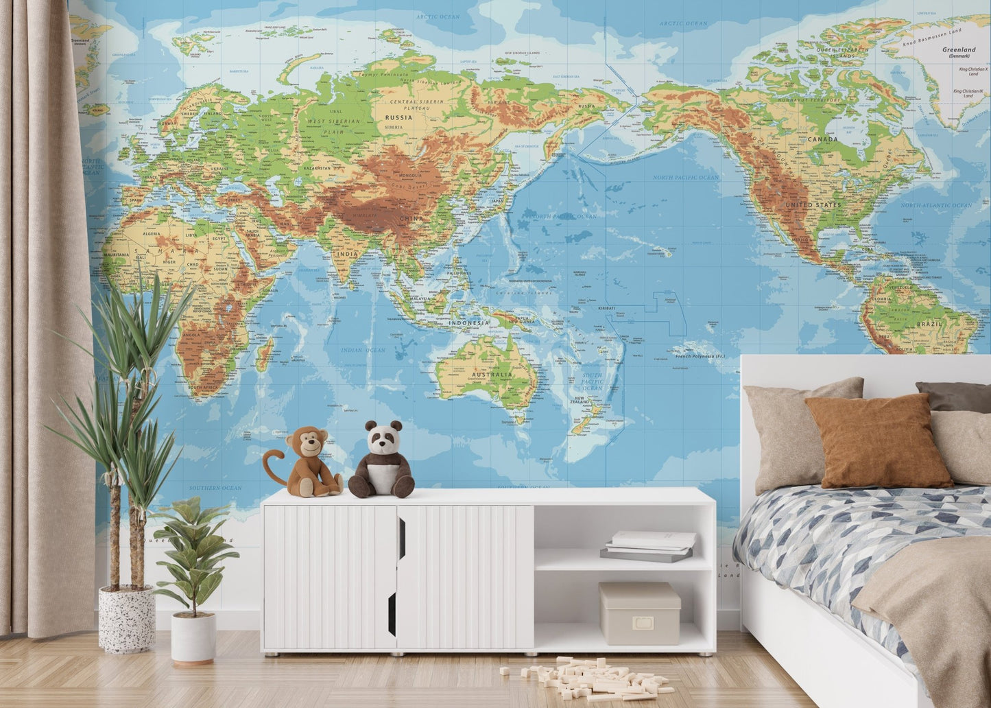 Stylish kids bedroom featuring Pacific View World Map wall mural
