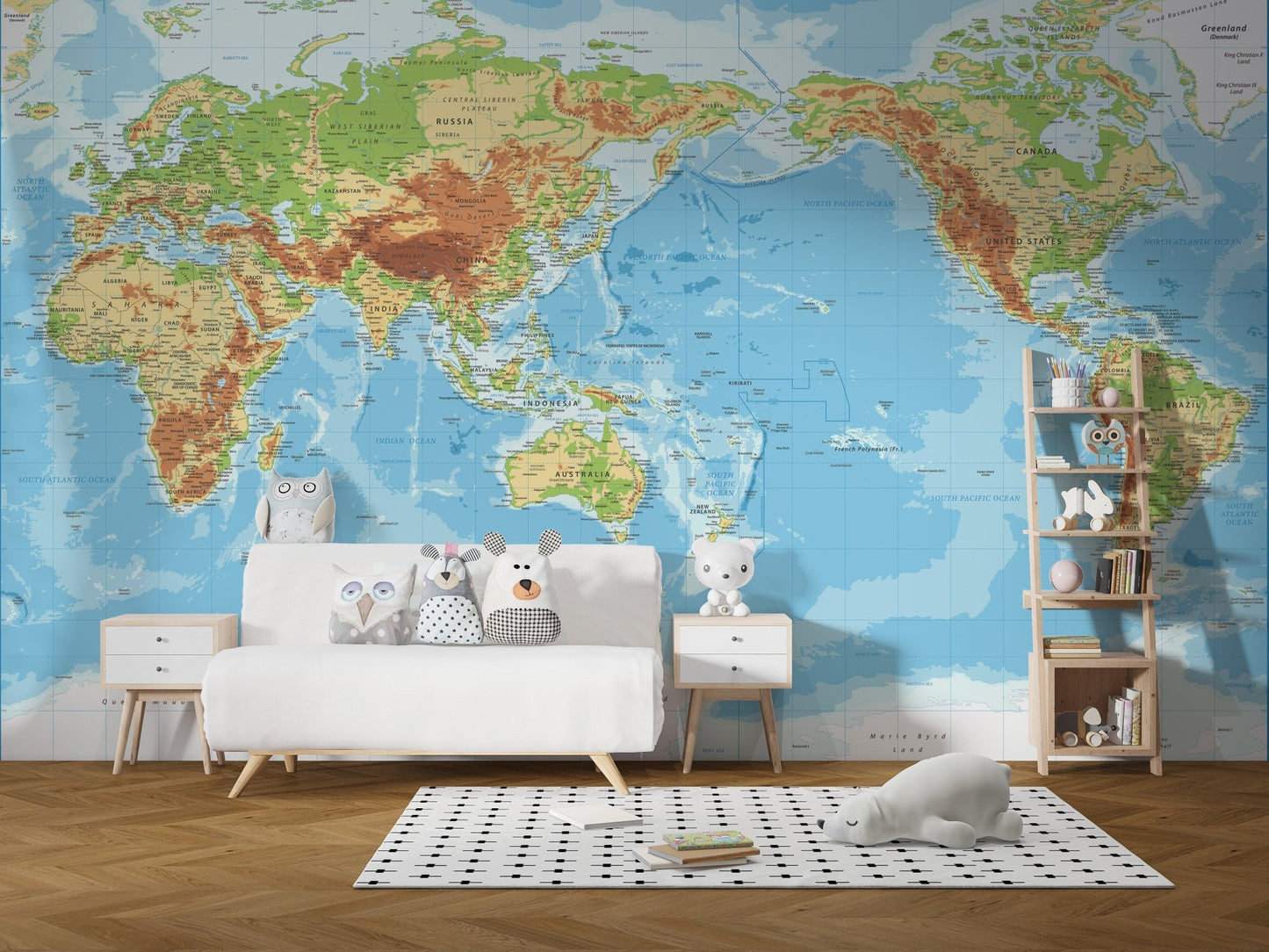 Minimal living room styled with Pacific View World Map wall mural wall