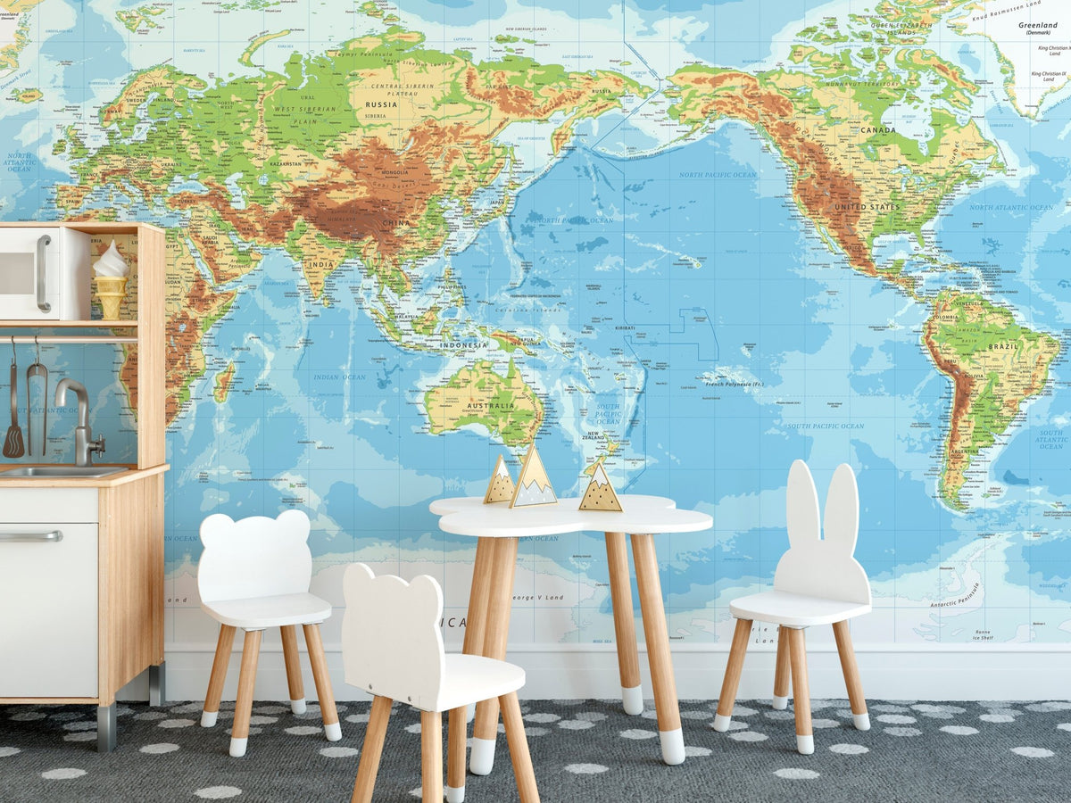 Modern kids dining area with educational world map wall mural feature wall