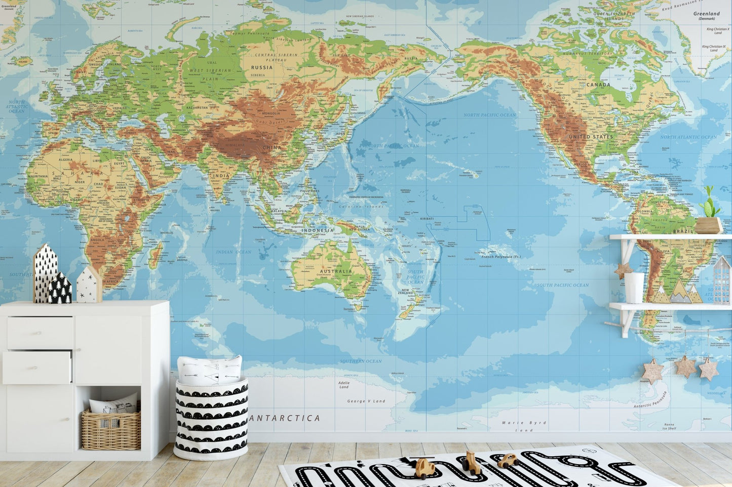 Playroom interior featuring colorful Pacific View World Map wall mural