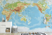 Playroom interior featuring colorful Pacific View World Map wall mural
