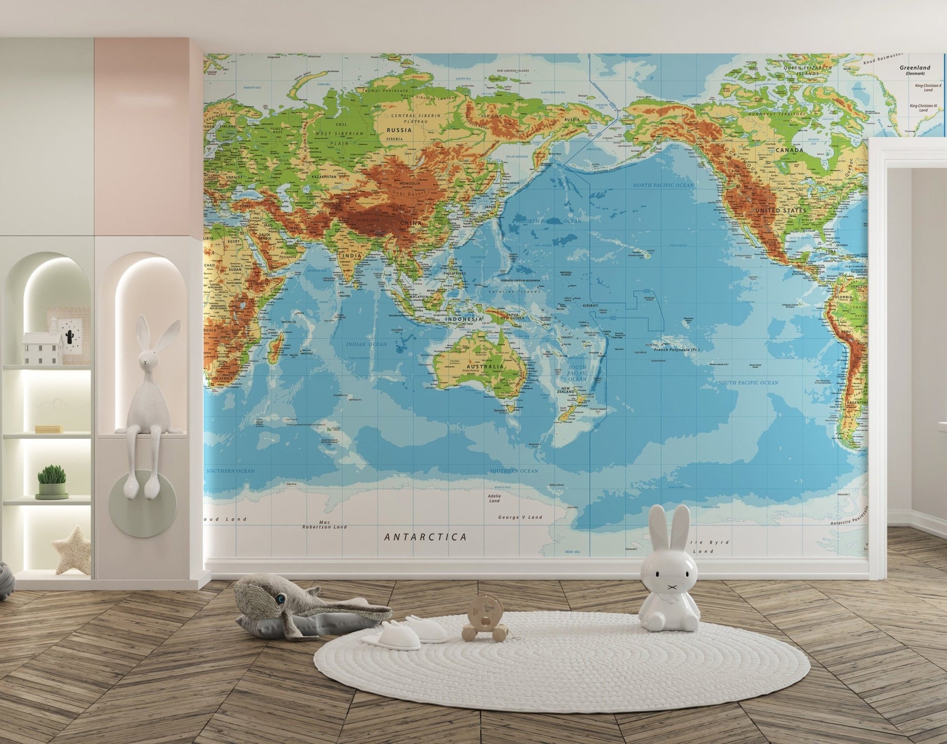 Contemporary kids room with Pacific View World Map wall mural