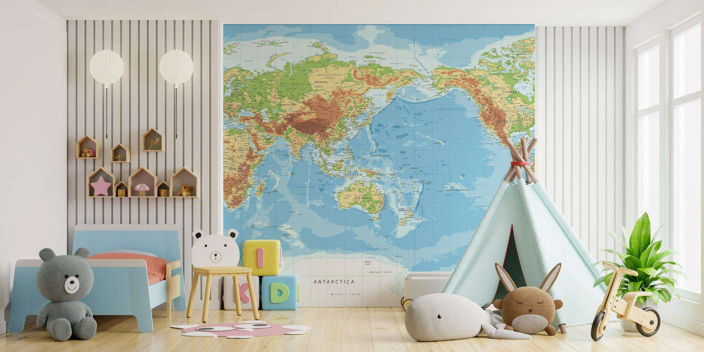 Kids bedroom with Pacific View World Map wall mural in bright blue tones