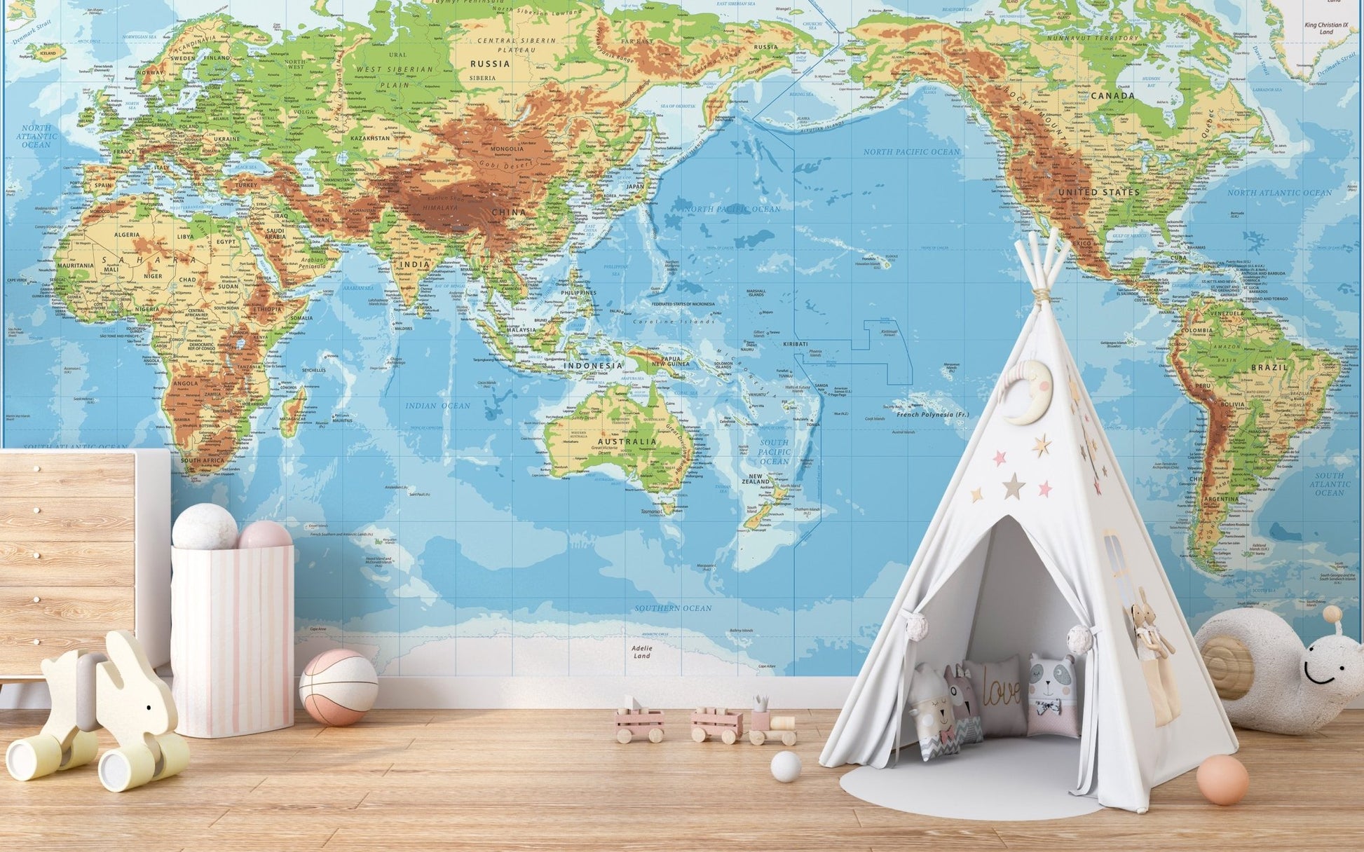 Play tent corner with Pacific View World Map wall mural backdrop