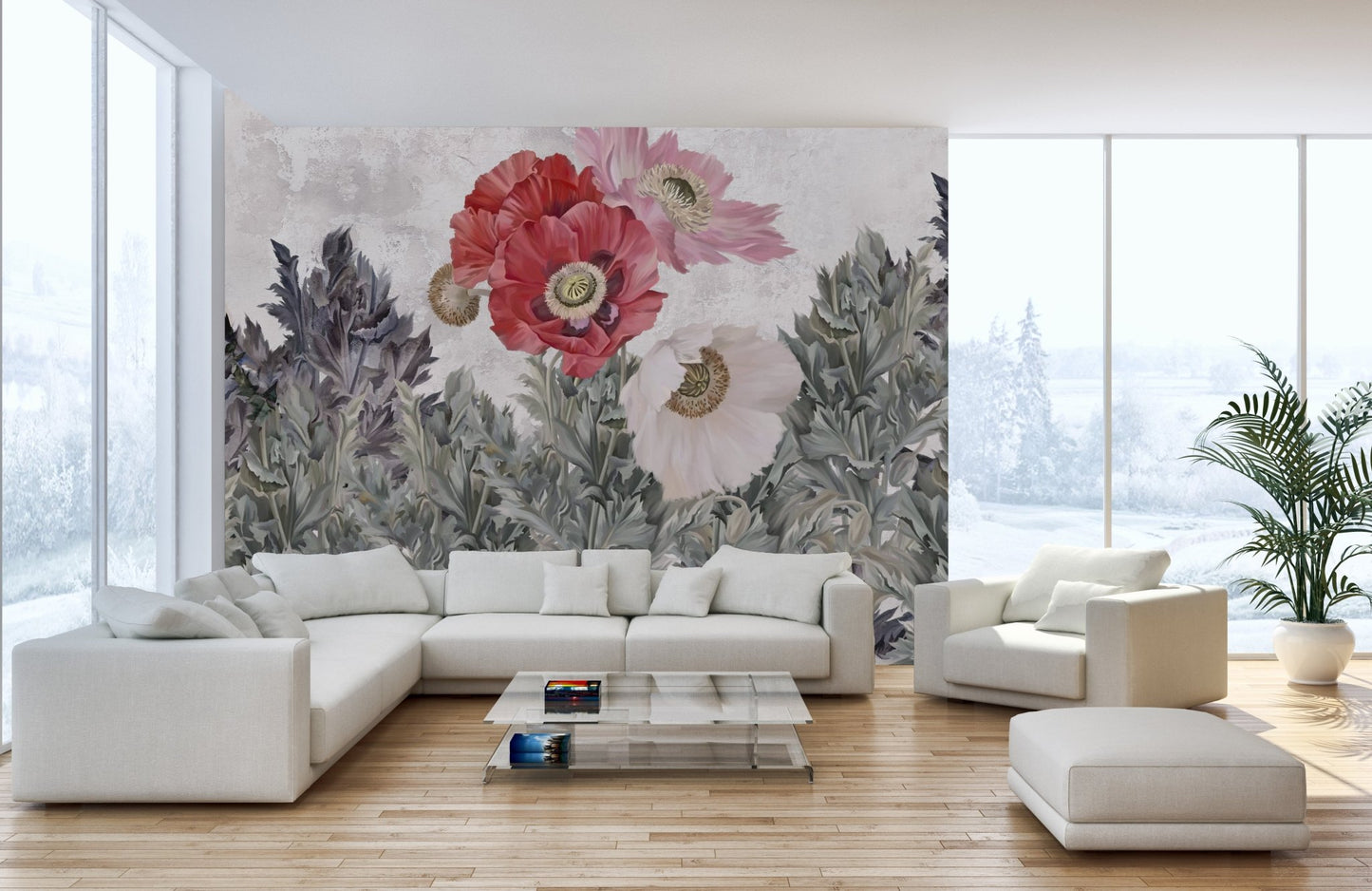 Stylish living room featuring a poppy patterned wall mural.