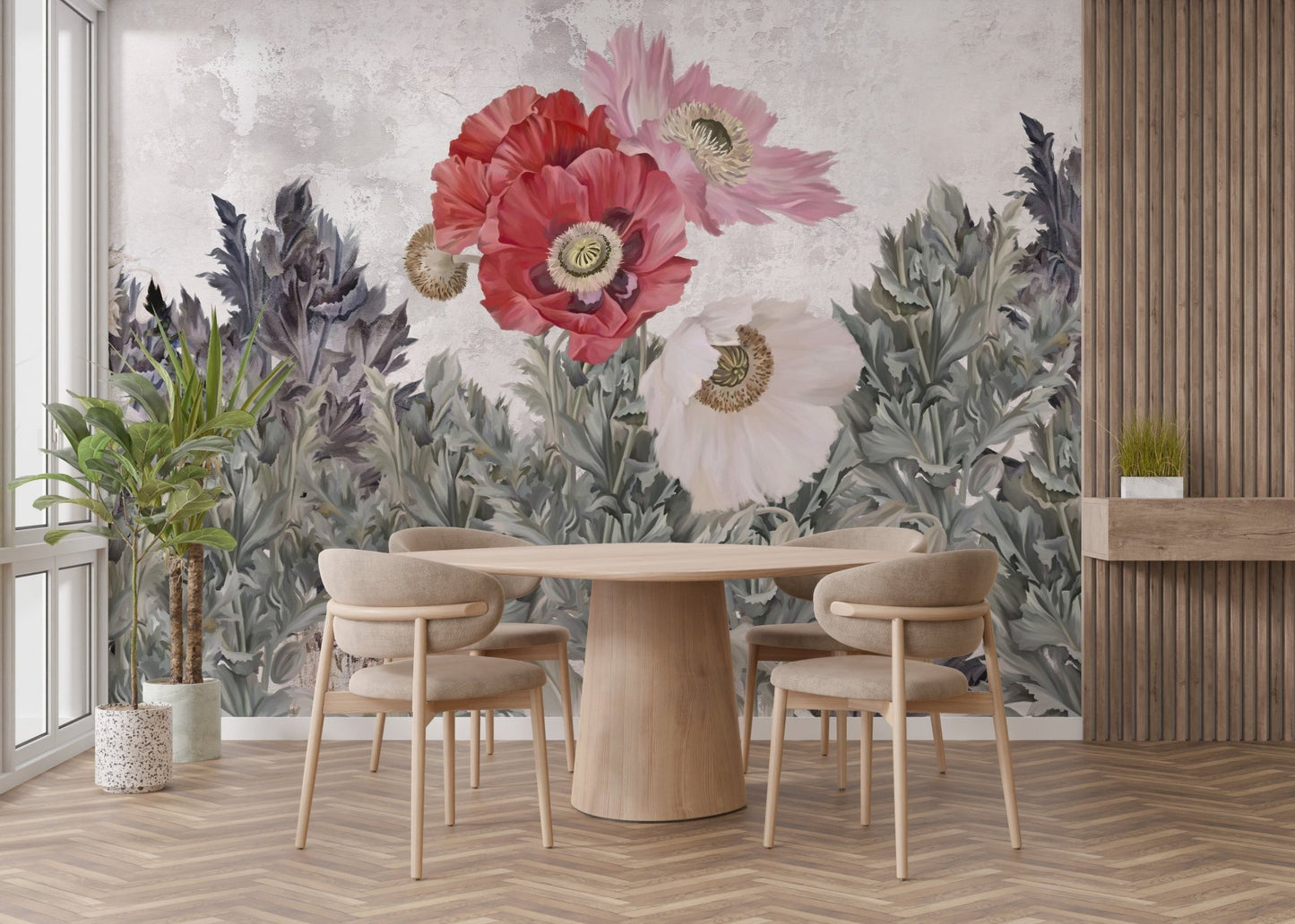 Modern dining area with a floral poppy patterned wallpaper mural.
