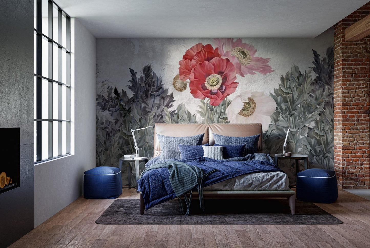 Bedroom interior showcasing a Poppies in Grunge wall mural.