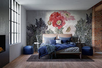 Bedroom interior showcasing a Poppies in Grunge wall mural.