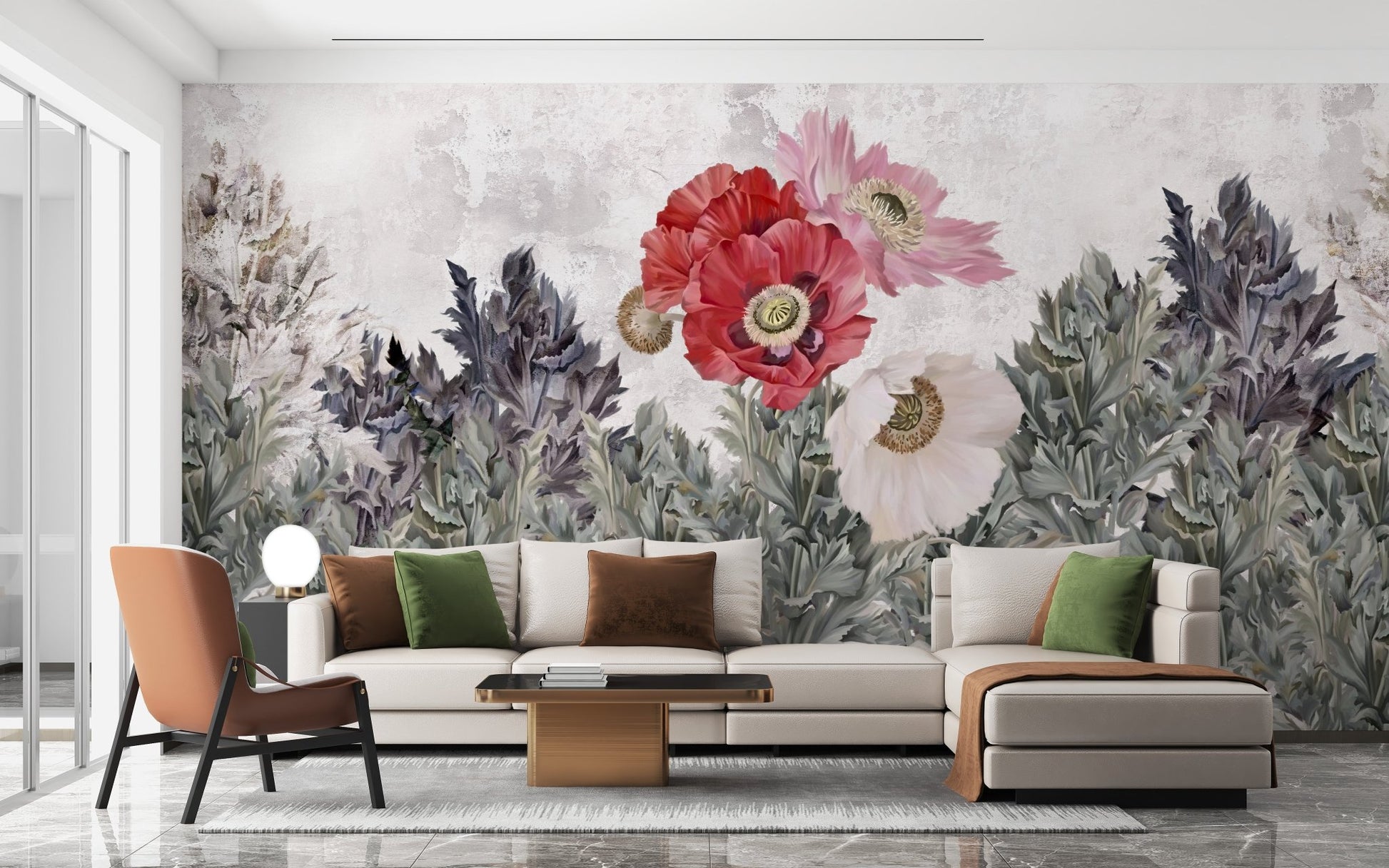 Open plan living area with a poppy motif wallpaper mural.
