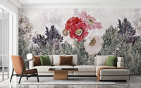 Open plan living area with a poppy motif wallpaper mural.