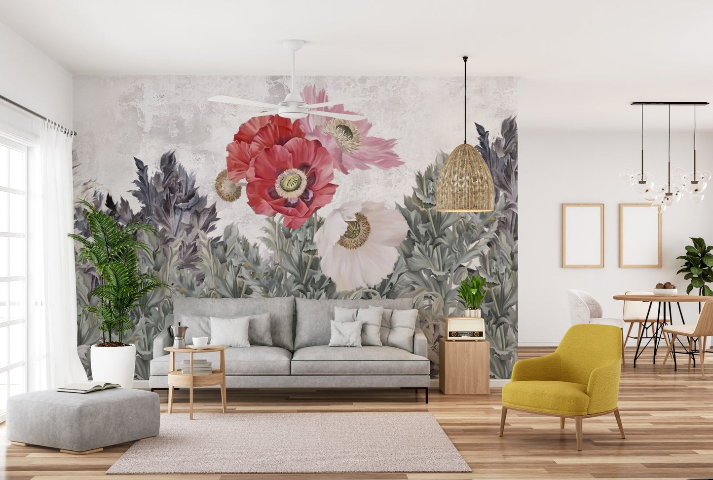 Sophisticated living area with Painted Poppies in Grunge wallpaper mural.