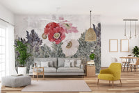 Sophisticated living area with Painted Poppies in Grunge wallpaper mural.