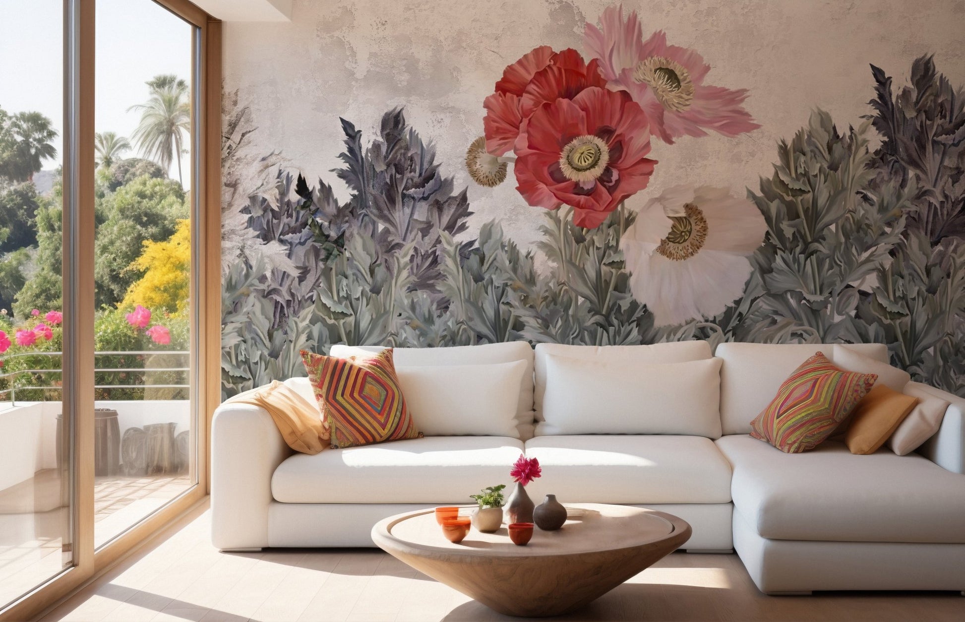 Large living room featuring Painted Poppies in Grunge wallpaper mural.