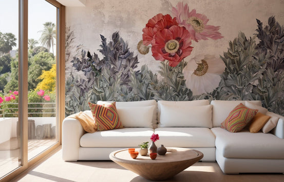 Large living room featuring Painted Poppies in Grunge wallpaper mural.