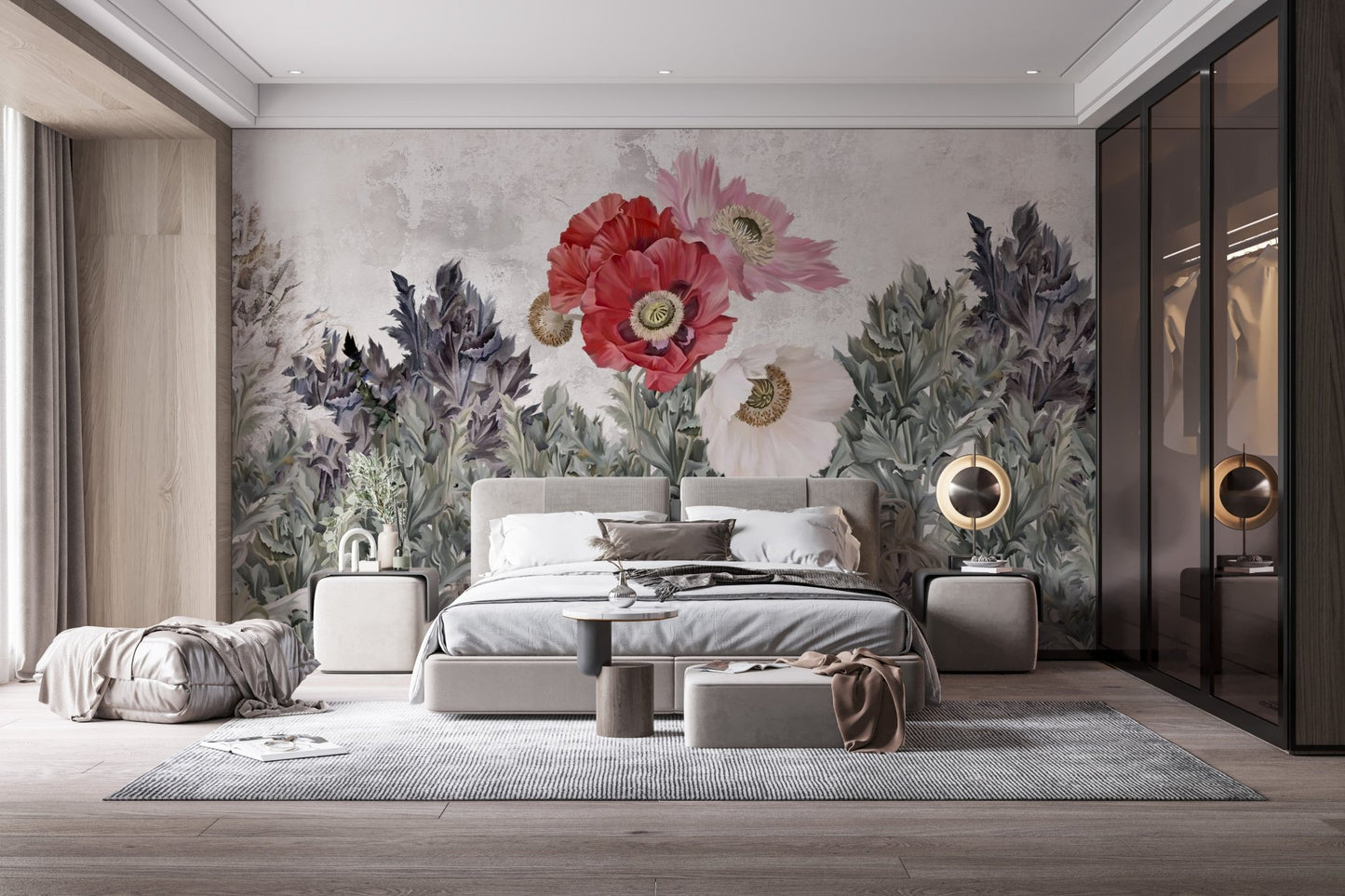 Cozy bedroom setting with a floral grunge wallpaper mural.